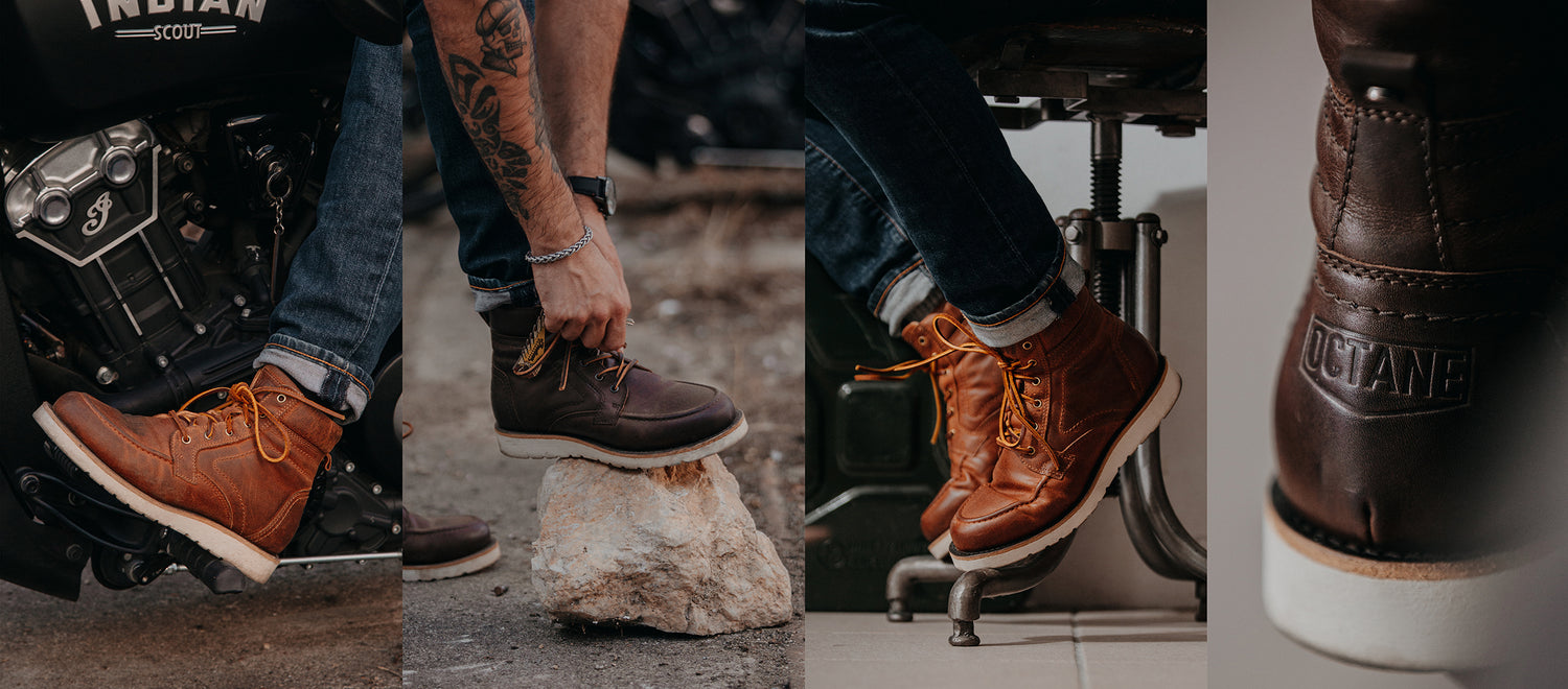 Leather MT-622 moc toe boots from Octane Motowear in dark brown and cognac.