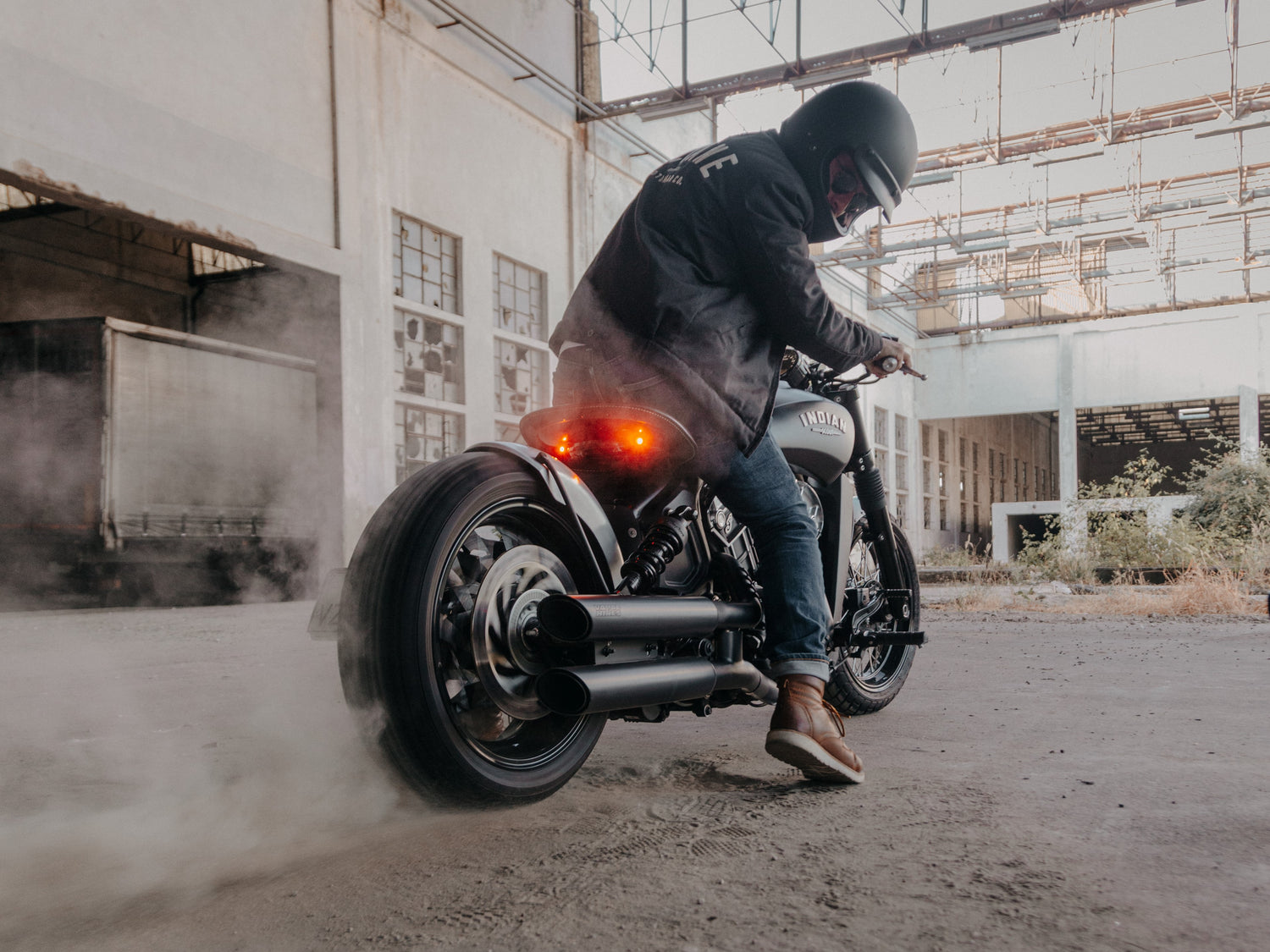 Indian motorcycle burnout in an abandoned factory.