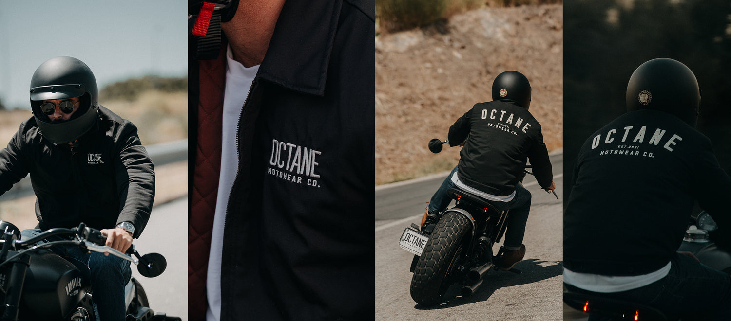 Motorcycle rider wearing an Octane Motowear Classic Worker jacket in black while riding an Indian Scout Bobber.