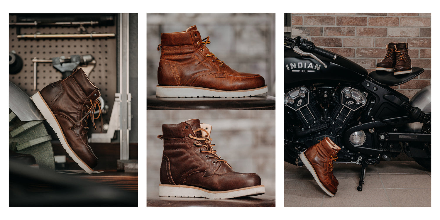 Leather MT-622 moc toe boots from Octane Motowear in dark brown and cognac.