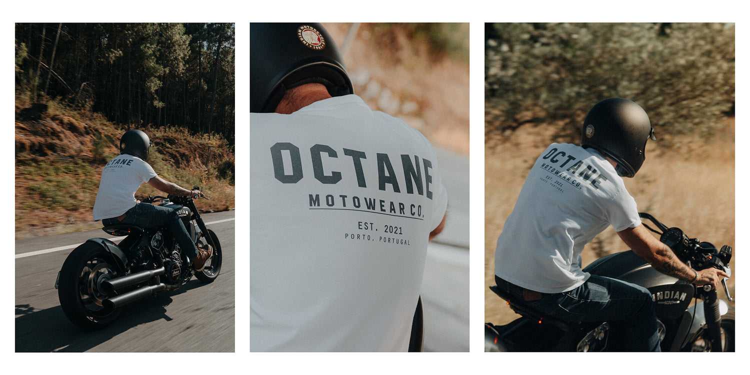 Motorcycle rider wearing an octane motowear t-shirt while riding an Indian Scout Bobber.