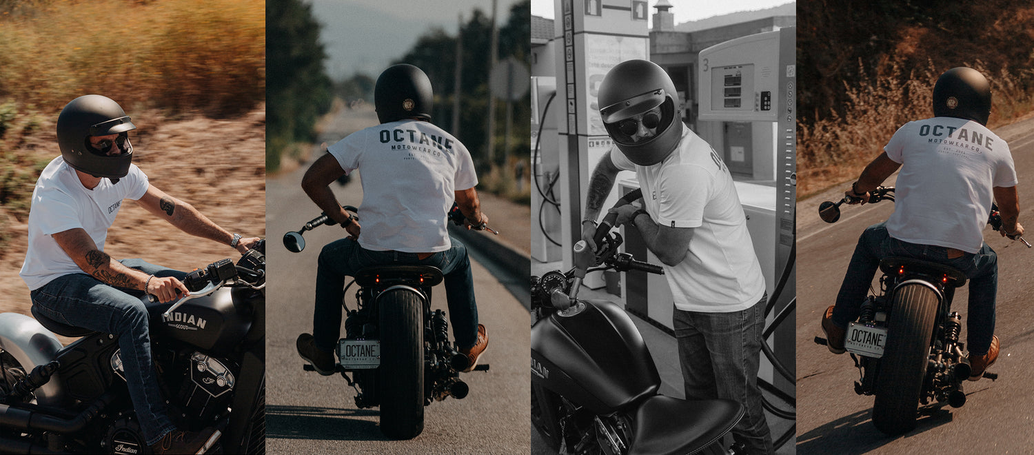 Motorcycle rider wearing an octane motowear Address Tee t-shirt in white while riding an Indian Scout Bobber.